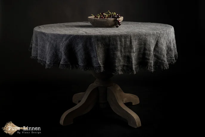 Tafelkleed Rond 100% linnen “Hannah” Grey/black StoneWashed 170cm - Afbeelding 3